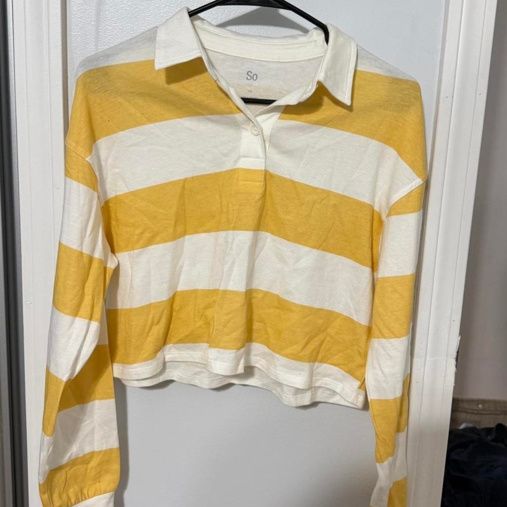 Yellow and white striped‎ long sleeve polo shirt